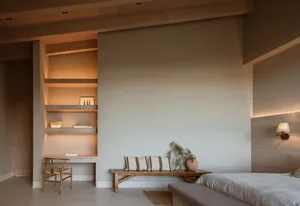 A minimalist bedroom with a rock wall, concrete floor, and ambient lighting.