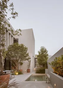 A modern house with a minimalist exterior in concrete and greenery.