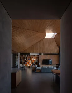 A modern living room with a wooden ceiling, a bookshelf, and a sofa.