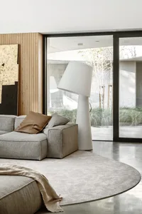 Modern living room featuring a fabric sofa with a large floor lamp and a round rug.