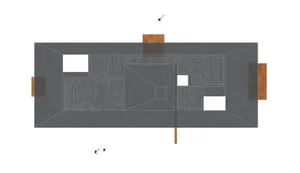 Floor plan with various materials and layouts shown in a two-dimensional drawing.