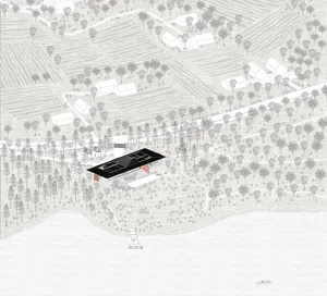 Architectural floor plan of a vacation house featuring wooden beams and a floor plan layout.