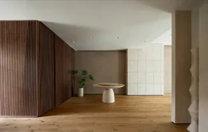 Modern living room with wooden flooring, plants, and minimalist design.