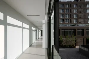 A modern minimalist office corridor with large glass walls allowing natural light to flood the space.