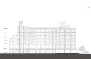 Elevated view of a modern office building constructed with concrete material.
