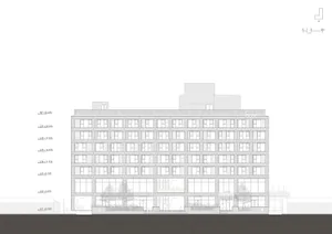 A detailed architectural drawing of an office building facade with glass windows and concrete structural elements.