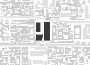A detailed urban planning layout map showing streets and buildings in a city.
