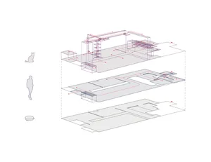 Modern architectural interior design, featuring blueprints and detailed layout.