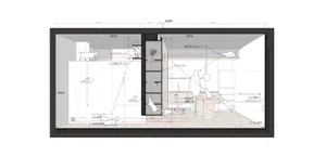 A detailed architectural blueprint of a modern interior design featuring wooden cabinets.