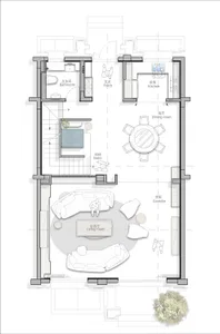 Floor plan of a modern living room with minimalist furniture and open layout.