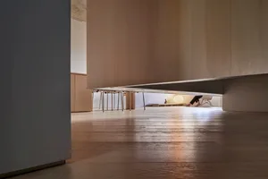 A modern living room featuring minimalist furniture in warm wood tones.