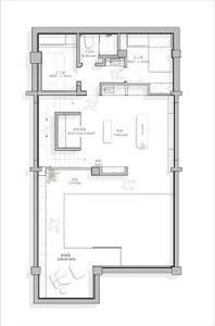 A detailed 2D architectural drawing of a modern residential floor plan with visible structural elements and furnishings.
