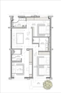 Modern minimalist staircase floor plan with white walls and grey stairs.