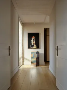 A modern, minimalist corridor interior featuring neutral-toned walls and a wooden floor with doors on either side.