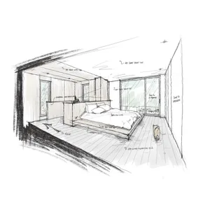 Minimalist bedroom with a raised platform bed on a wood floor, large windows, and soft lighting.