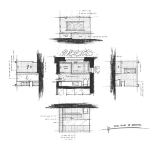 A sketch of a modern bathroom layout with various design elements and annotations.
