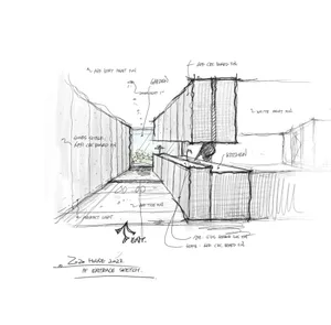 A sketch of a modern entrance with concrete and steel materials.