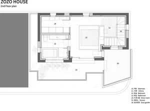 Second floor plan of a modern minimalist house with concrete materials.