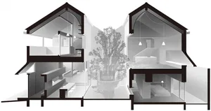 Cutaway view of a modern house interior showcasing glass materials for design purposes
