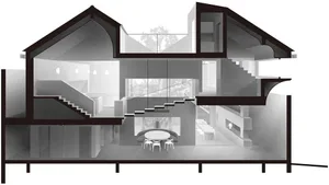 An illustration showcasing a contemporary interior design with glass and steel elements.