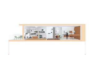 A modern residential interior concept with a clean, open layout and contemporary furniture.