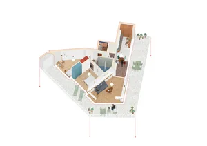 A top-down view of a modern apartment with polygonal flooring patterns, white walls, and minimalistic furniture.