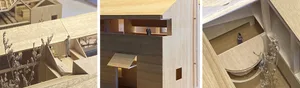 3D architectural model of a wooden structure with small figurines representing people.