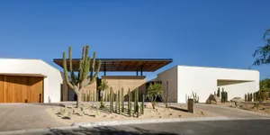 Modern residential architecture with minimalist white exterior and large cacti in the landscape.