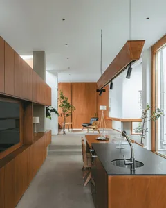A modern minimalist kitchen featuring wood elements.