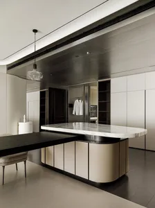A modern minimalist kitchen featuring marble countertops.