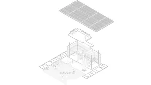 Architectural wireframe of a modern outdoor lounge space with seating arrangements and a central garden area.