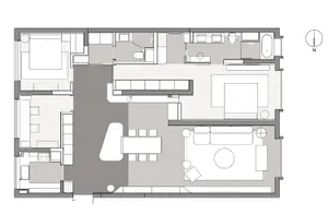 A modern residential floor plan showing a contemporary layout with open-concept living spaces, bedrooms, bathrooms, and kitch