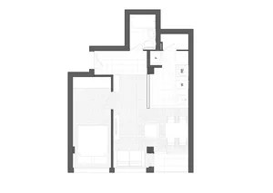 A minimalist apartment floor plan showing a living area, bedroom, kitchen, and bathroom.