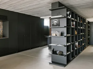 Modern interior design featuring bold metal shelving units.