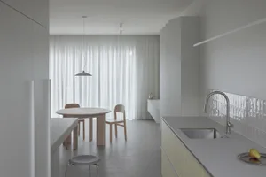 Modern minimalist kitchen with a glass wall, wooden table, and metal accents.