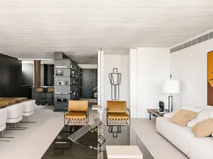 Modern minimalist living room with white walls, wooden floor, and minimalist furniture.
