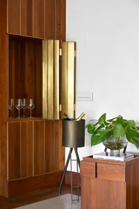 Modern interior space featuring wooden panels with metallic accents, wine glasses, a champagne bucket, and green plant.