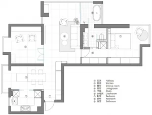 A modern, open-plan apartment floor plan in a minimalist architectural style, showcasing living, dining, and kitchen spaces w