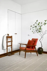 A minimalist living room featuring a wooden armchair with orange cushions and a small potted plant.