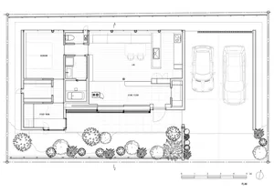 Minimalist residential house with wood floor plan, including bedrooms, living room, kitchen, and car parking area.