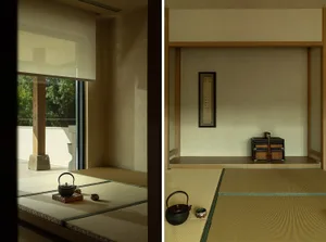 A minimalist tea room with tatami mats and traditional Japanese elements.