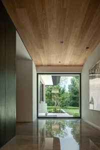Modern interior design entryway with wooden ceiling and flooring.