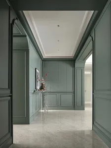 Modern corridor interior with green walls and marble floor