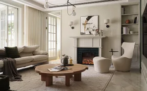 A minimalist living room with a sandstone fireplace and coffee table, featuring a neutral color palette and simple furniture.