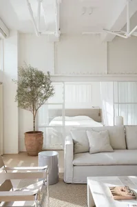 A minimalist white living room featuring light-colored fabric furniture, a terracotta planter, and a glass wall