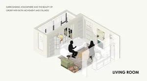 A modern interior design of a living room with transparent elements, showcasing a comfortable seating area, a fireplace, and 