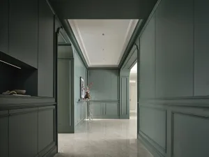 Modern interior design featuring wooden panels and marble flooring.