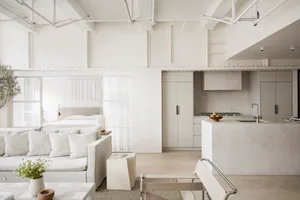 A minimalist living space with all white decor and furniture