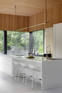 Modern kitchen with white cabinets, wooden walls, and a large window overlooking greenery.