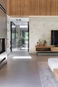 A modern living room with concrete and wooden accents, featuring a minimalist design with a low-profile couch, potted plants,